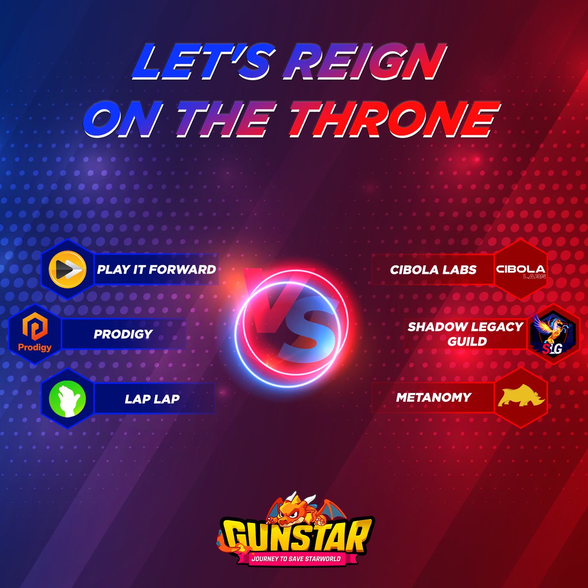 GunStar_io's tweet photo. 🏆Reveal The Next Heroes in #GuildsWarTournement

⚔️ @PIF_DAO
⚔️ @laplap_pro
⚔️ @CibolaGamers
⚔️ @Metanomy_GG
⚔️ @The_ProdigyHub
⚔️ @shadowlegacygld

👉 Details: https://t.co/Xh5VH7CoNC

#Gunstar #Metaverse #RaidBoss #esportsfi $GSTS $GSC #PlayAndEarn  #BuildonBNBChain #BNBChain https://t.co/JjfjRqXCGR