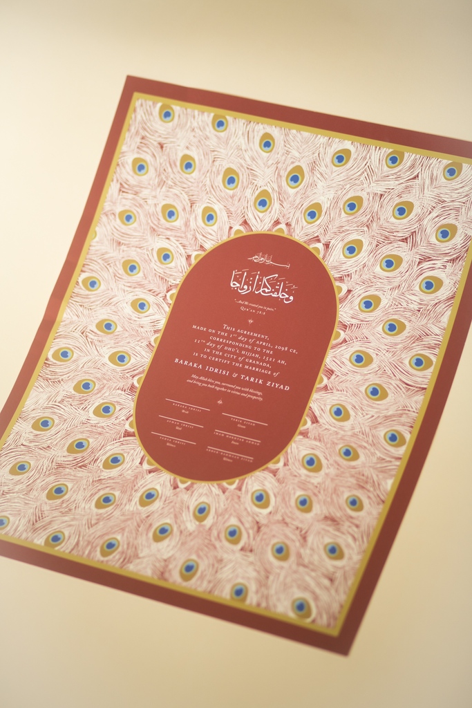 nikahnama's tweet photo. Beautifully painted strokes of regal white peacock feathers fill up this Koh-i-Noor Nikahnama design in the red color 🦚

https://t.co/PGn2lDbyU1

#nikahnama #weddingcontract #katbktab #nikah https://t.co/I1ZjWFd6lr