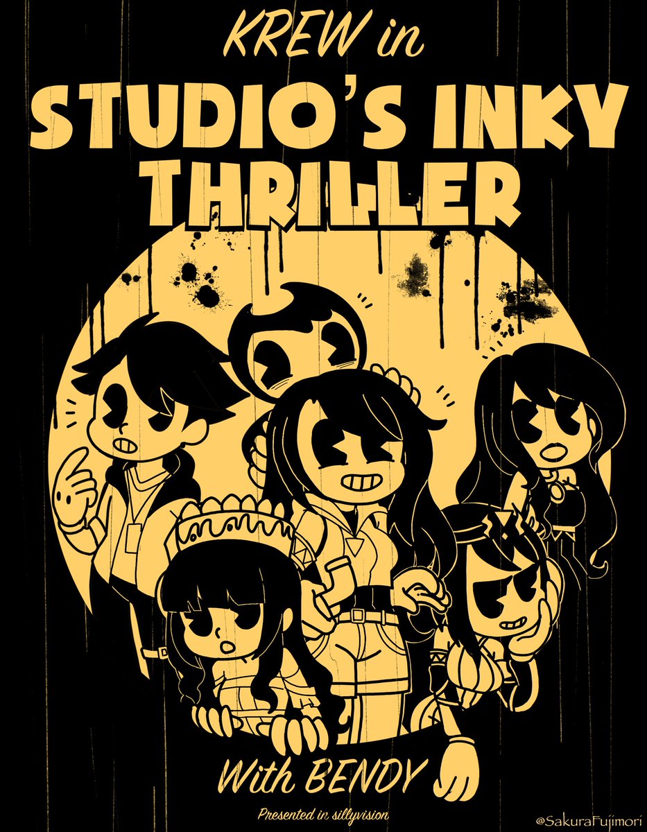 SakuraFujimori's tweet photo. Welcome Boys and Girls! To Tonight’s Episode;
Studio’s Inky Thriller 
With the KREW and our beloved devil darlin’ ,BENDY!

#krewfanart #krew #itsfunneh #bendy  #bendyfanart #batdr #batdrfanart @ItsFunneh @RainbowsYT @Lunar3clispe @DraconiteDragon @GoldenGlare_ https://t.co/0q8oAlwS13