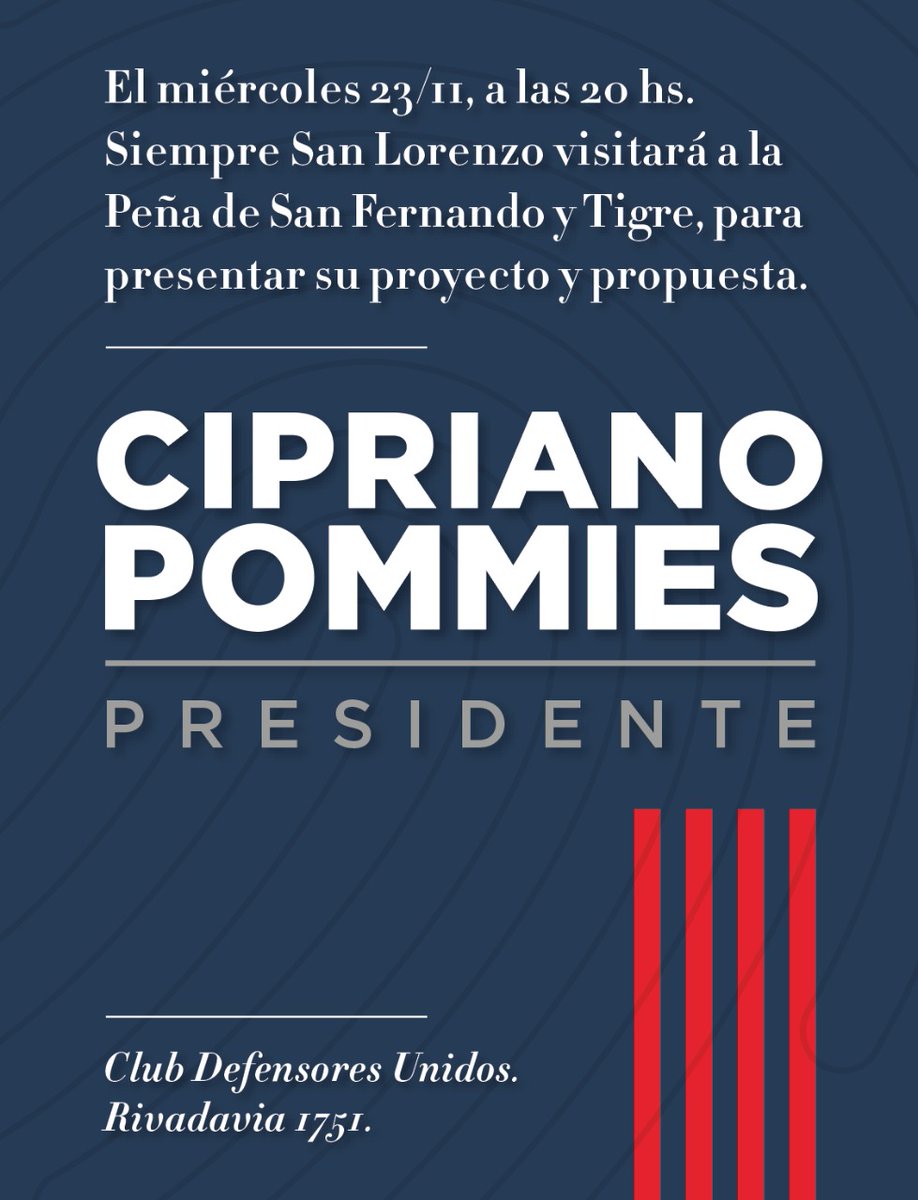 SiempreSanLore's tweet photo. Los candidatos de #SiempreSanLorenzo visitarán la Peña de San Fernando y Tigre, donde presentarán el proyecto de club de cara a las elecciones del próximo 17 de diciembre en Av. La Plata. 

#CiprianoPresidente https://t.co/jL6AsAQj4w