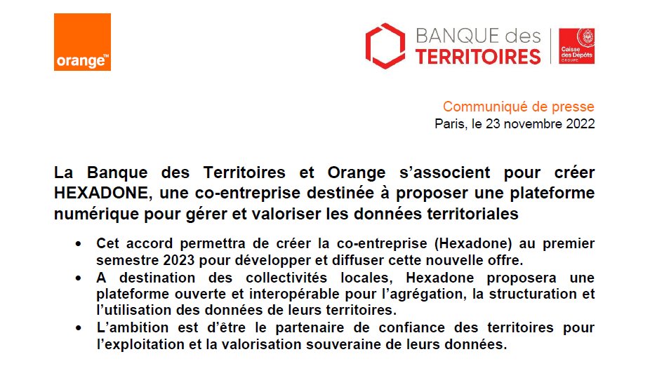 Hey hey ! #HexaDone est né ! 📲
Lancé par <a href="/Orange_France/">Orange France</a> et la <a href="/BanqueDesTerr/">Banque des Territoires</a>, #HexaDone est une solution pour valoriser votre patrimoine de #DonnéesTerritoriales.
Le CP👉bit.ly/3EX9erw
#PartenaireDeConfiance #SMCL2022