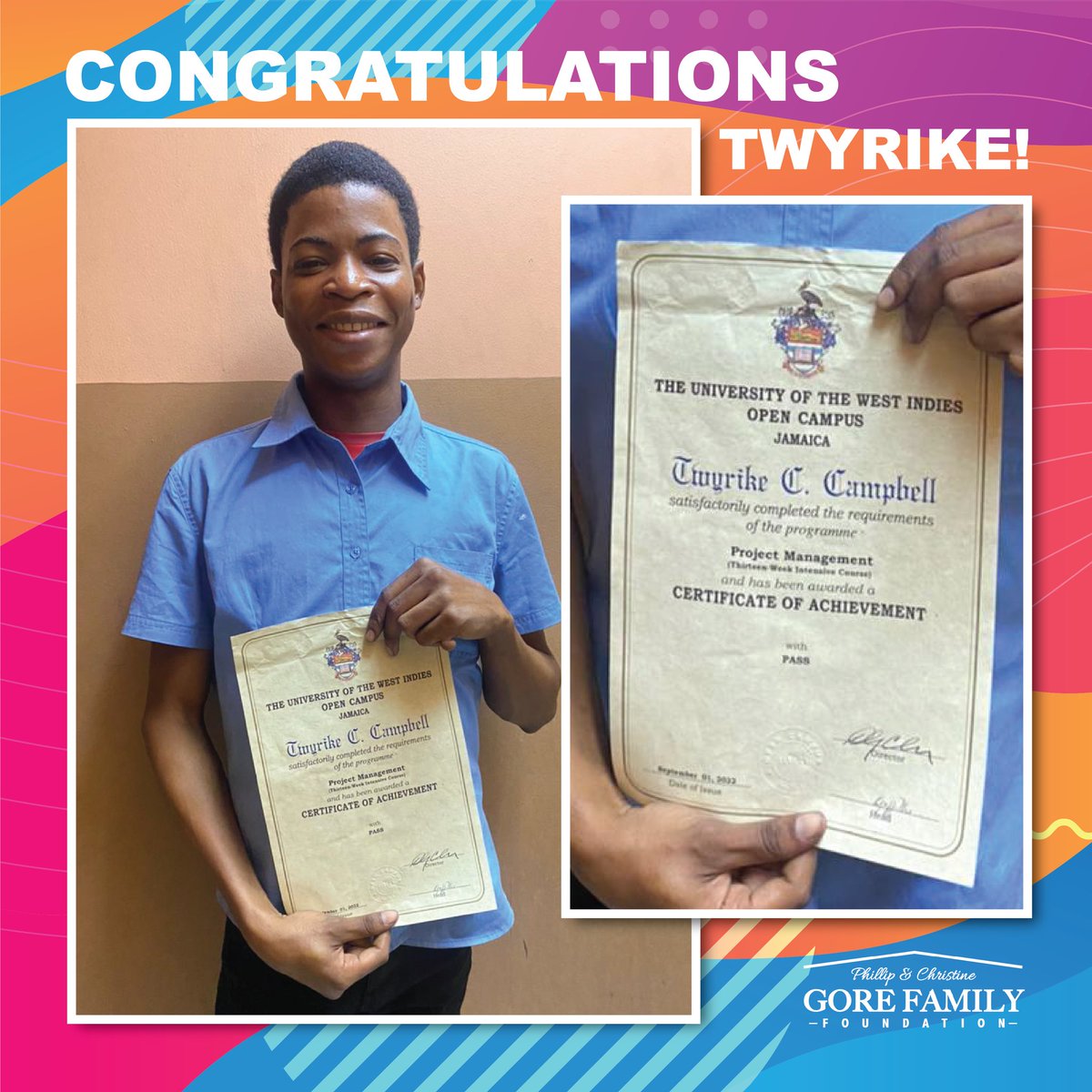 Seen here is Twyrike Campbell, one of the interns from the first year of the Rose Town Construction Internship Program receiving a certificate for passing his UWI Open Campus Project Management course. 

We are so proud of Twyrike for how much he has accomplished!