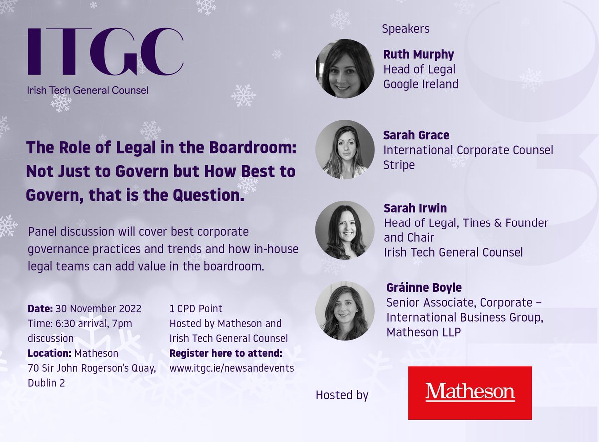 Irish Tech General Counsel (@irishtechgcs) on Twitter photo Our final #cpd event of 2022 / Xmas party is next Wed 30 Nov at <a href="/MathesonLaw/">Matheson LLP</a> offices in Dublin! Grab a glass of mulled wine and some dinner and listen to our expert panel (details below) chat about how in-house lawyers can add value in the boardroom! Link in bio to register Our final #cpd event of 2022 / Xmas party is next Wed 30 Nov at <a href="/MathesonLaw/">Matheson LLP</a> offices in Dublin! Grab a glass of mulled wine and some dinner and listen to our expert panel (details below) chat about how in-house lawyers can add value in the boardroom! Link in bio to register