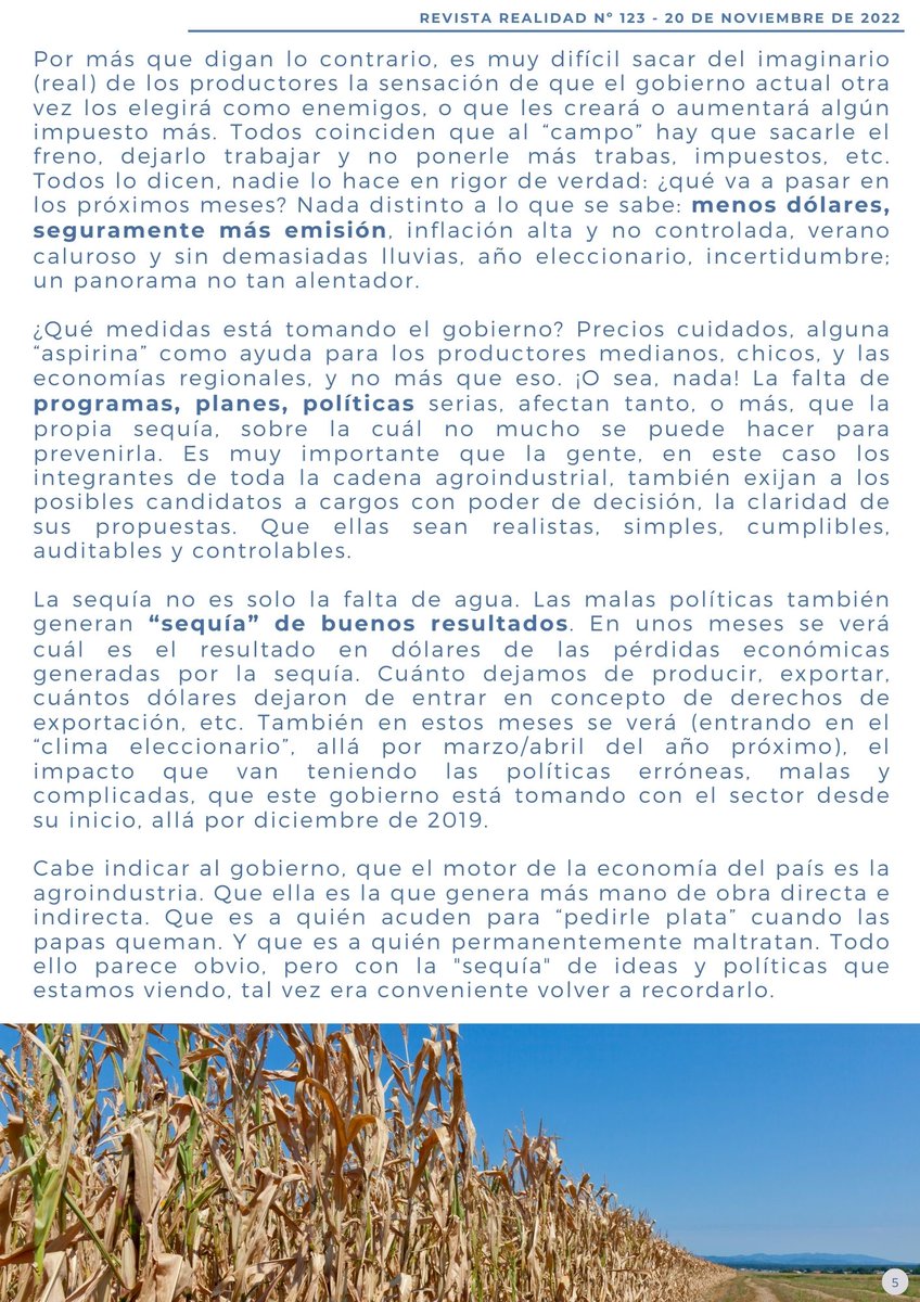 RealidadRevista's tweet photo. 💡🗒️"Sequía; No solamente por la falta de agua, sino que también por la falta de políticas serias", gran análisis de @ljsarquis para este N° de #Realidad

🔗📌Link de descarga de la revista:
https://t.co/Sd1EuMlGqh https://t.co/qDqvnklFyQ
