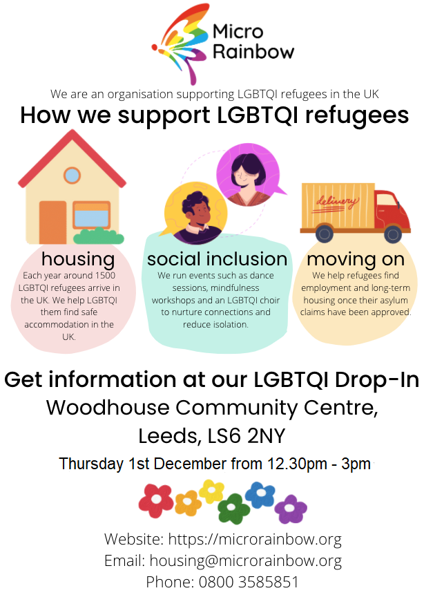 MicroRainbow's tweet photo. Come to this drop-in next week with @yorkshiremesmac - #LGBTQI refugees welcome!
We will be on hand to chat about the support we offer #LGBTQI refugees and asylum seekers in the north of England.
It's a drop-in, so no need to register in advance 🙂 https://t.co/4SOkU3n72S