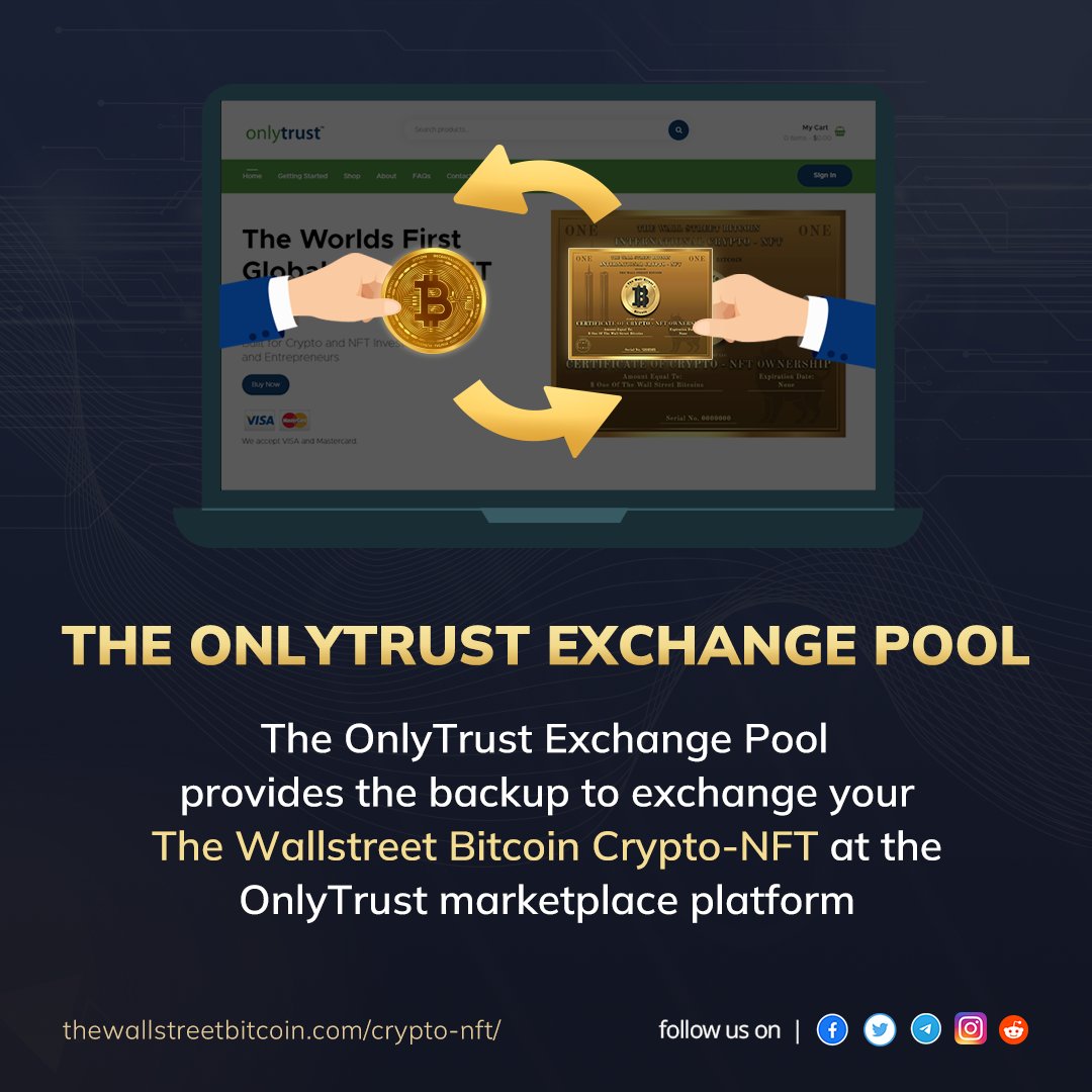 wall_st_bitcoin's tweet photo. Exchange your The Wall Street Bitcoin Crypto-NFT 🚀 at the OnlyTrust Platform and get a portion of the value from the OnlyTrust Exchange Pool 🔄

Get your Crypto-NFT before the sale closes. Only on https://t.co/BjkqDD3epZ 📣

#Thewallstreetbitcoin #NFT #Crypto #CryptoNFT #Bitcoin https://t.co/r9Jo0MrgJN