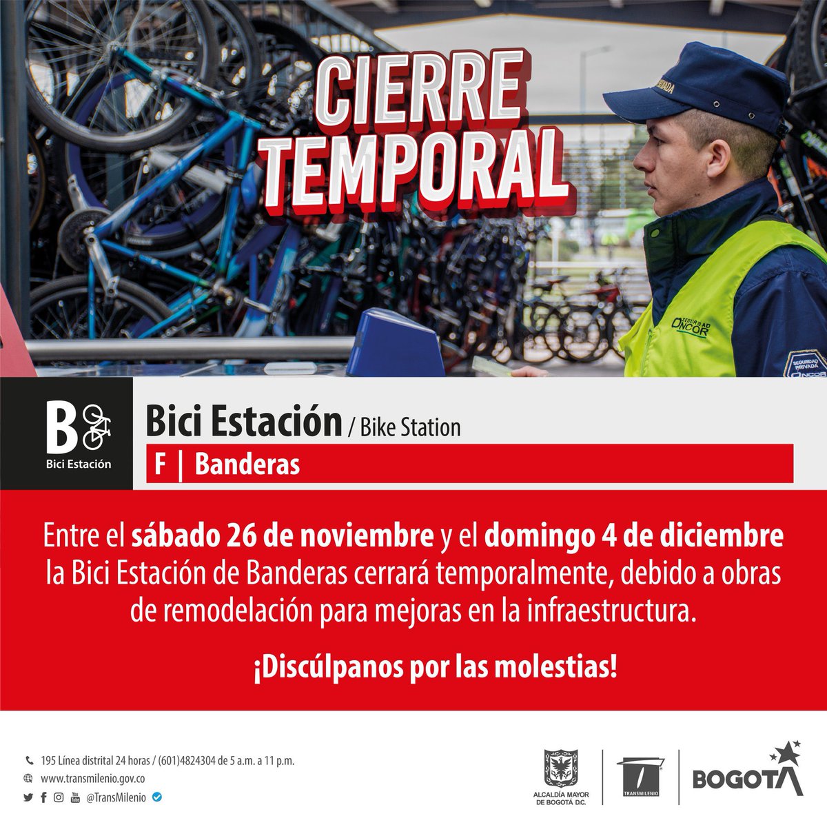 ¿Vas a guardar tu caballito de acero en la Bici Estación de la Estación Banderas?
Ten en cuenta que desde este sábado 26 de noviembre hasta el domingo 4 de diciembre, presentará cierre temporal por obras de remodelación.

Conoce más aquí: transmilenio.gov.co/publicaciones/…