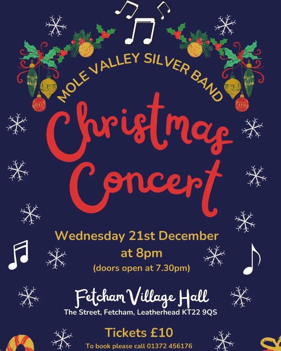 MoleVSBand's tweet photo. It's nearly Christmas!🎄⛄
Join us for our super festive Christmas concert on Weds, 21st December. Please phone and reserve your tickets 👍 See you there 🎺🎶🎵
#Brassband #Fetcham #SurreyChristmas #MVSB #MoleValleySilverBand https://t.co/zVY4KZFbj5