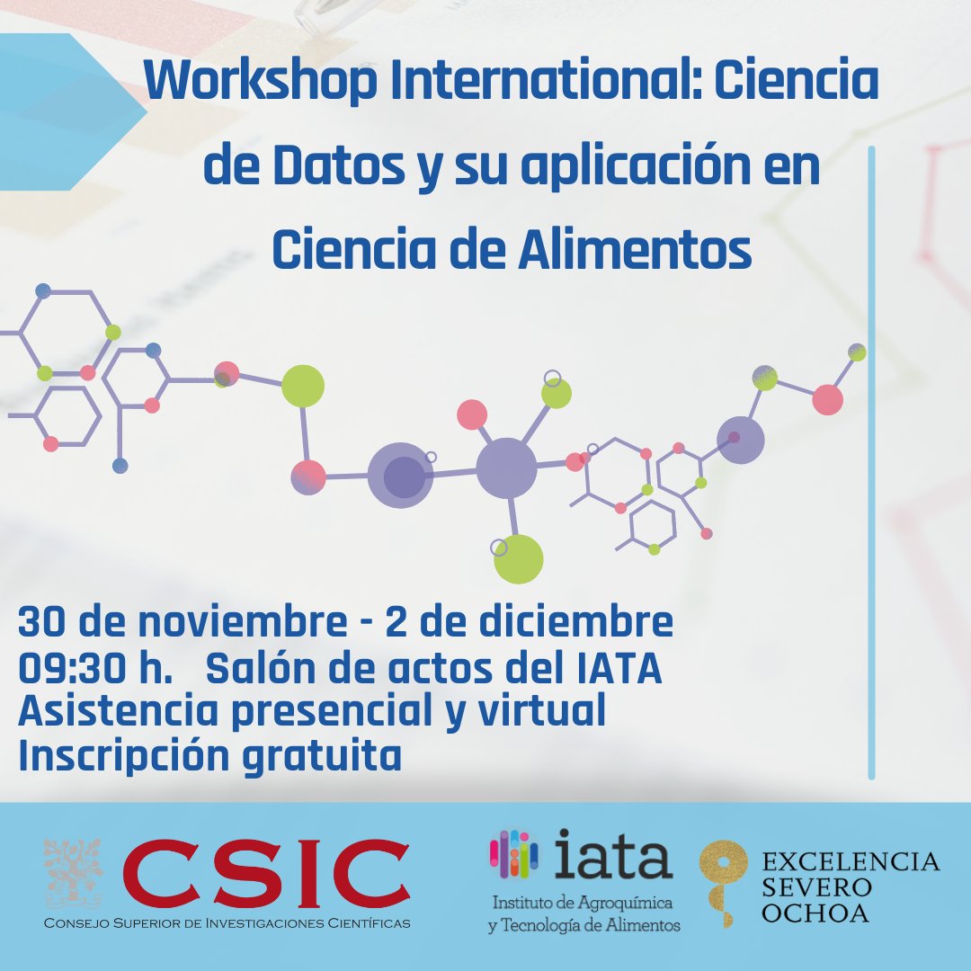 iata_csic's tweet photo. El próximo miércoles, 30 de noviembre, inauguramos un taller sobre “Ciencia de Datos y su aplicación en Ciencia de Alimentos”, que se extenderá hasta el 2 de diciembre. 

📅30/11 -02/12
📍Salón de actos del IATA
🔗Enlace de inscripción:https://t.co/PXlmzBedPK https://t.co/eBGIjjA5Ia