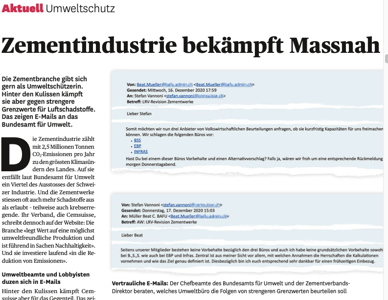 Unsere neuste #Recherche
Der Chefbeamte des Bundesamts für Umwelt bespricht mit dem Zementverbands-Direktor, welches Umweltbüro die Folgen von strengeren Grenzwerten beurteilen soll.
@ebreitinger hat 125 Seiten Emails zwischen Bund &amp;Industrie ausgewertet⬇️
saldo.ch/artikel/artike…