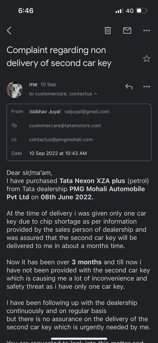 vibhujl's tweet photo. @RNTata2000 @TataMotors @tata_cars 2nd car key(Nexon)not given  in 5 months! Tata PMG mohali sales guys gives fake promise&amp;finally says company is not giving it to any of its customers! Is it true,Y run a business if can’t deliver product to customers? https://t.co/0xcDzfQ0DL