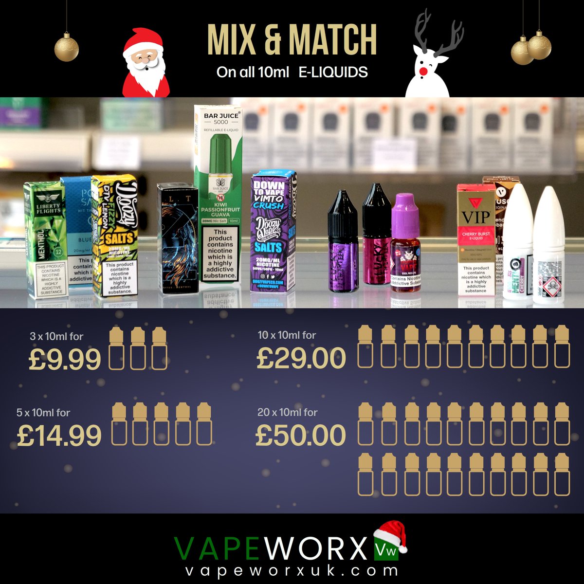 MIX &amp; MATCH
on all 10ml e-liquids

vapeworxuk.com/10ml-salts
vapeworxuk.com/10ml-2/
vapeworxuk.com

#10mlsalts
#e-liquids
#mixandmatch