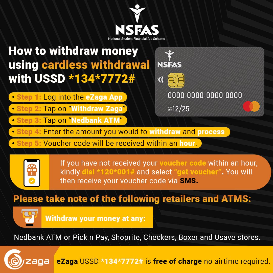myNSFAS's tweet photo. It has become so easy to access your allowances, you can now withdraw money using the cardless withdrawal option by dialling the*134*7772# USSD code.
#NSFASMasterCard
#NSFAS2023 https://t.co/jRamzCtWs0