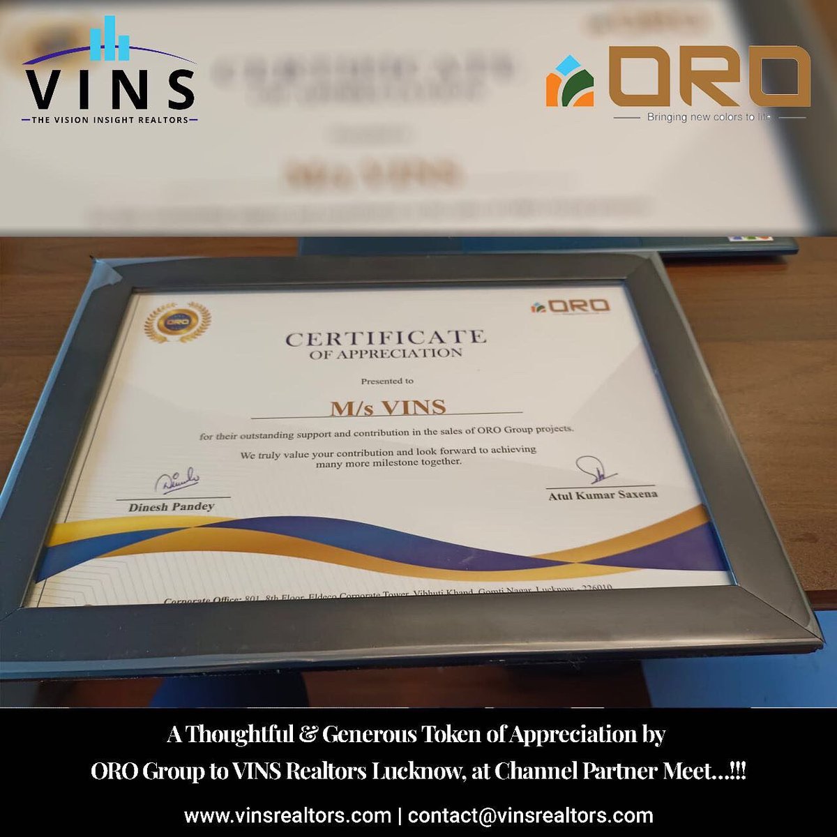 VinsRealtors's tweet photo. For all what we Do…!!!
For all who we Are…!!!
A Thoughtful &amp; Generous Token of Appreciation by 
ORO Group to VINS Realtors Lucknow.
At Channel Partner Meet…!!!
 #proudmoment #Congratulations #vinsrealtors https://t.co/DgZ4ZDlv1e