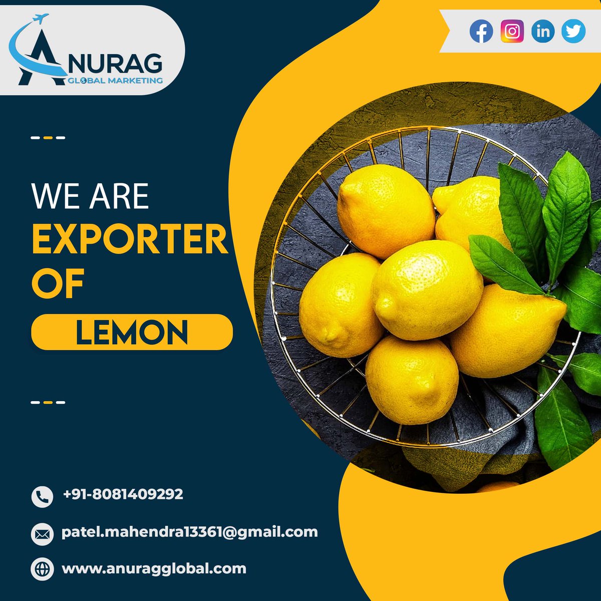 Anuragglob's tweet photo. We are top leading exporter of Lemon.
+91-8081409292
patel.mahendra13361@gmail.com
https://t.co/LT5rmM5Ums
https://t.co/cU0XEUTXON
https://t.co/R5Ofo07uAO
https://t.co/wNQdKjvvTT
https://t.co/14tjg8supy
#anuragglobalmarketing #anuragglobal #export #exportindia #india #lemon https://t.co/rPYsnTXzc1