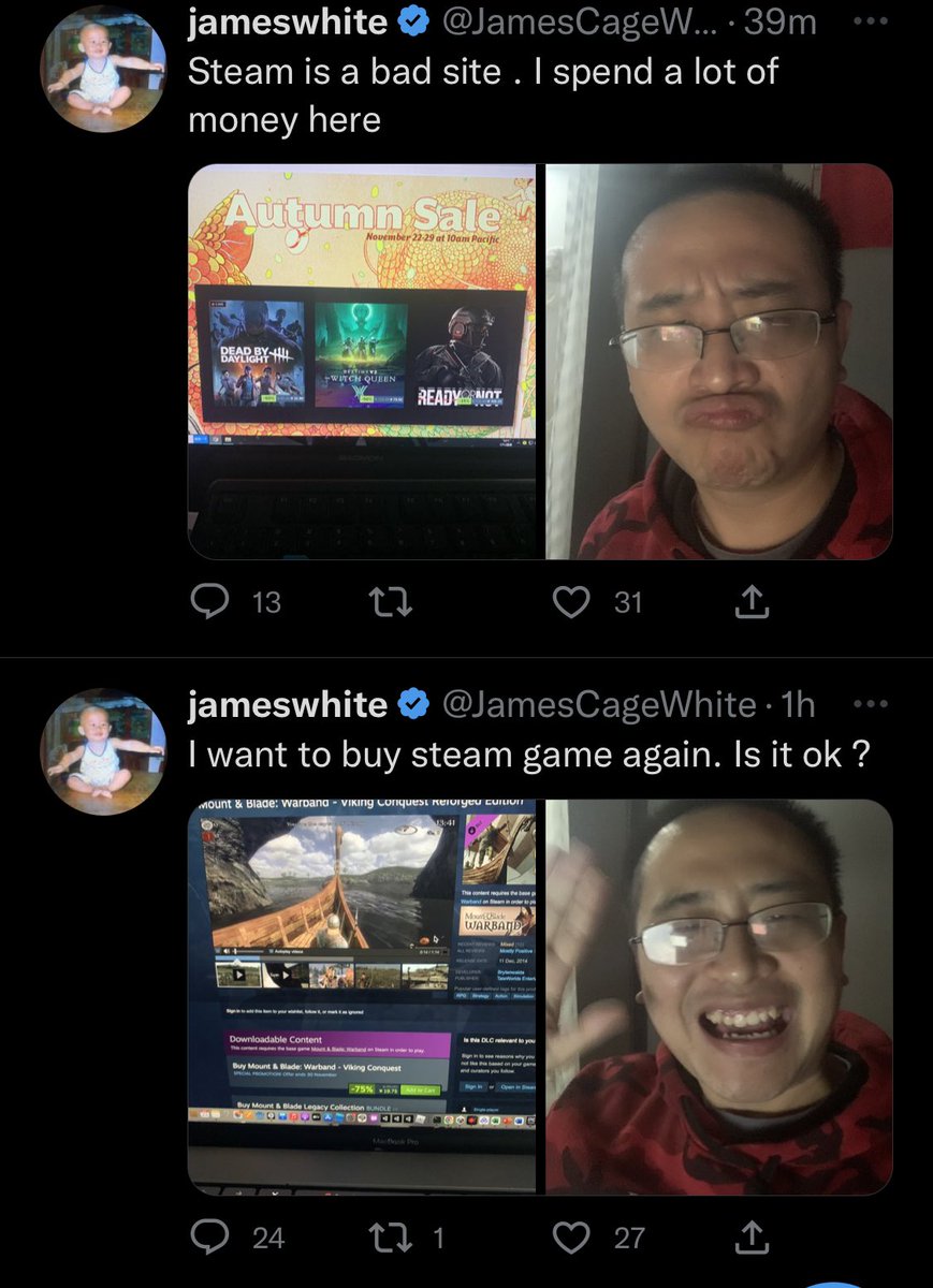 aizenite's tweet photo. @JamesCageWhite I struggle with whether or not you’re doing a bit but tweeting these in succession? I don’t think it’s possible for a human being to lack self awareness like this. https://t.co/kTQF1kfi08