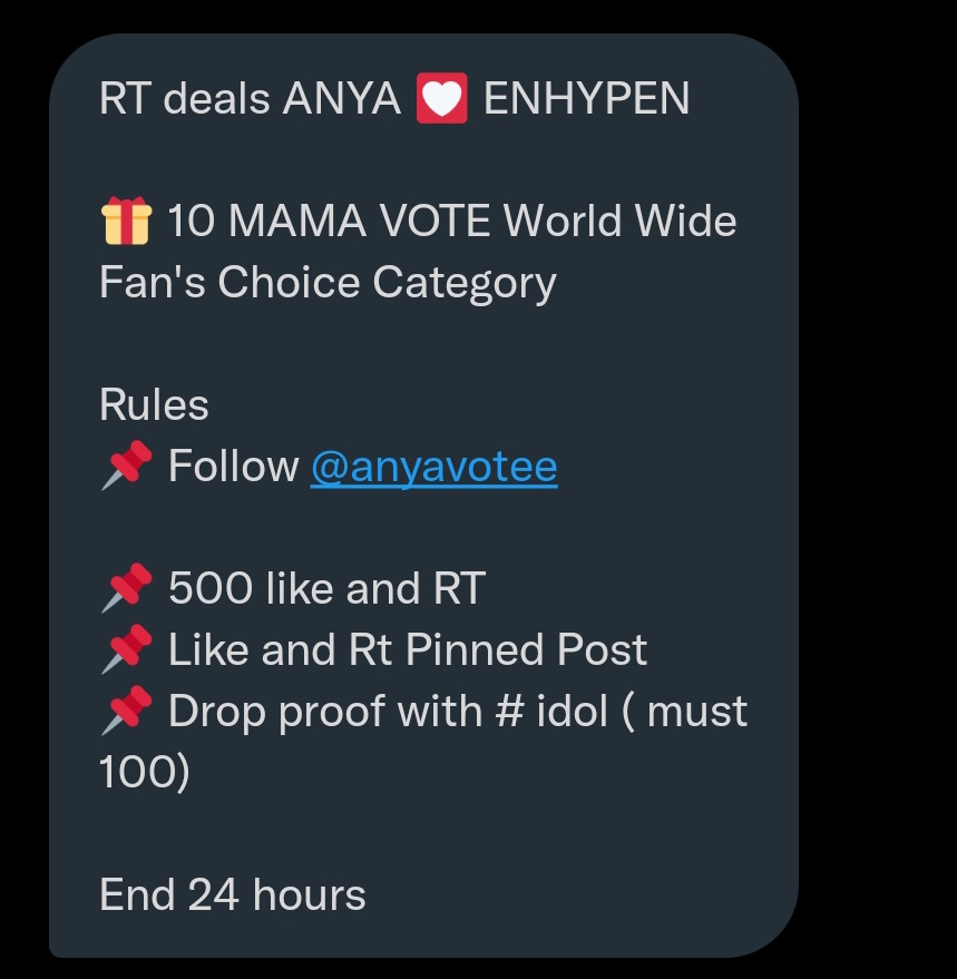 TltanXCrypto's tweet image. RT deals ANYA 💟 ENHYPEN 

🎁 10 MAMA VOTE World Wide Fan's Choice Category 

Rules 

📌 Follow @anyavotee

📌 500 like and RT 
📌 Like and Rt Pinned Post 
📌 Drop proof with # idol ( must 100) 

End 24 hours

#ENFuelUp #ENVOOSTERS