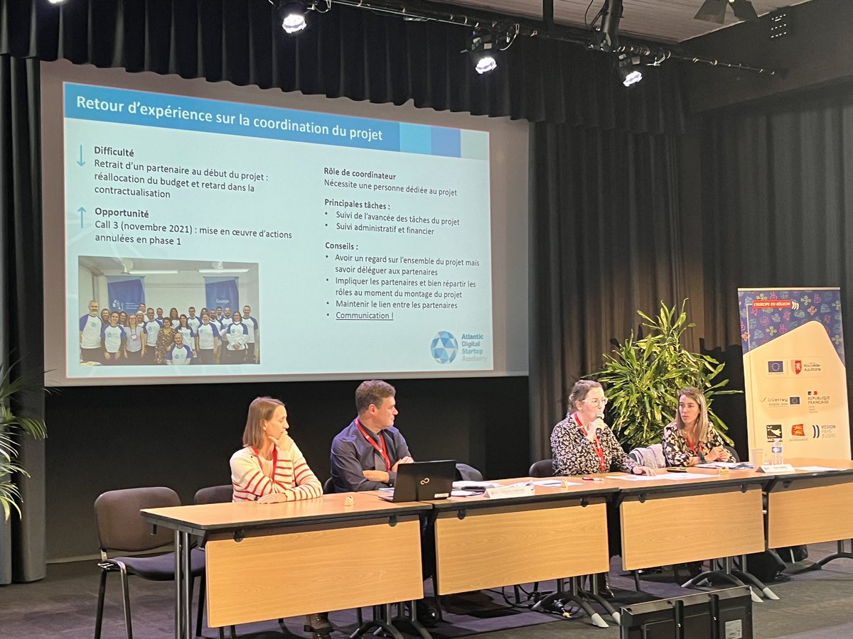 camille_coudy's tweet photo. Séminaire Espace Atlantique : place aux projets ! 
Témoignages et bonnes pratiques de porteurs de projets de la période 14/20.
#DiadEs #ADSA #AHFES #AltanticOnBike https://t.co/7PShRL8RQ2