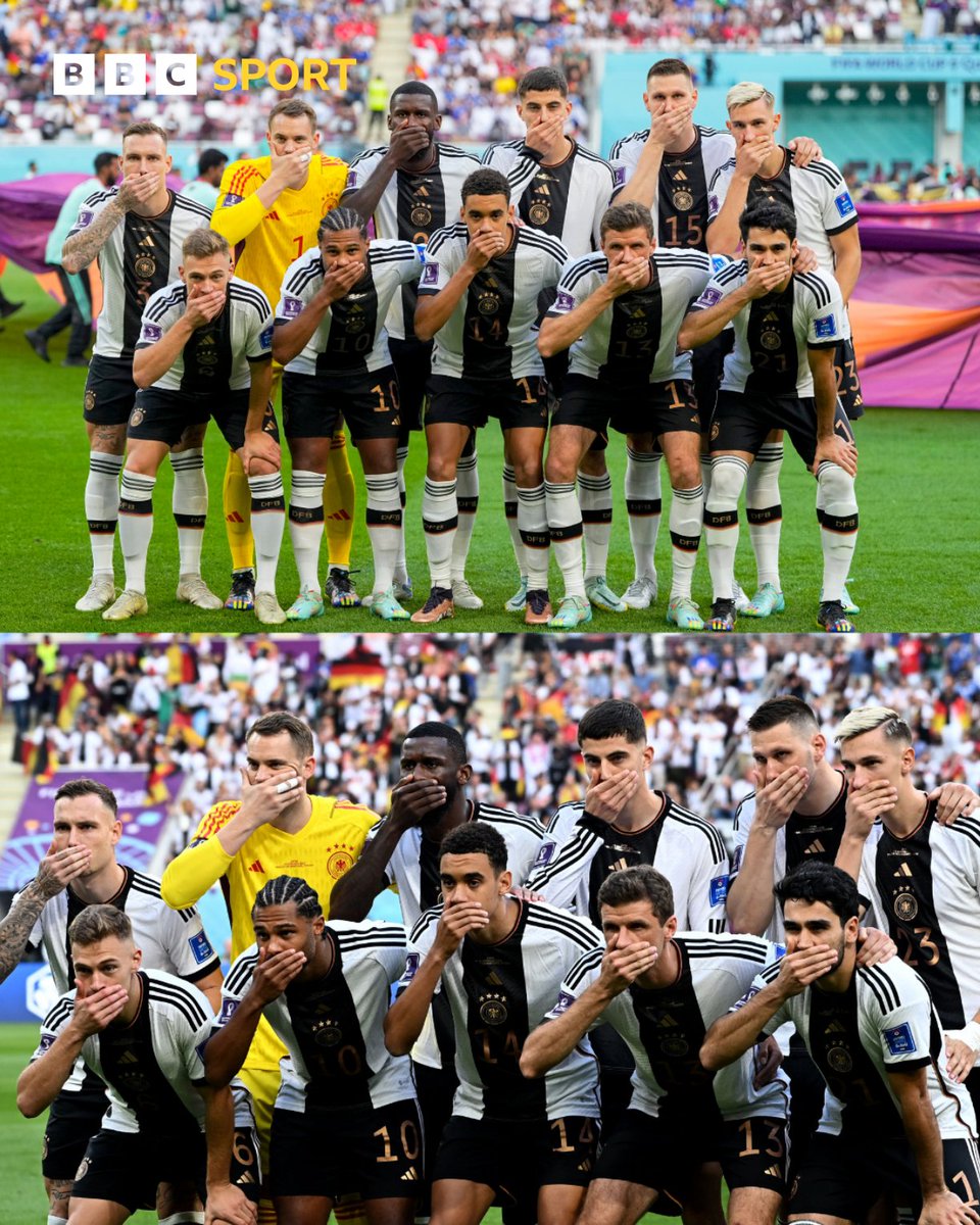 BBCSport's tweet image. Germany players covered their mouths before their match against Japan. 

It was a response to Fifa's threat of players being booked for wearing the OneLove armband.

"Armband or no armband, we stand by our position."

#BBCWorldCup #WorldCup