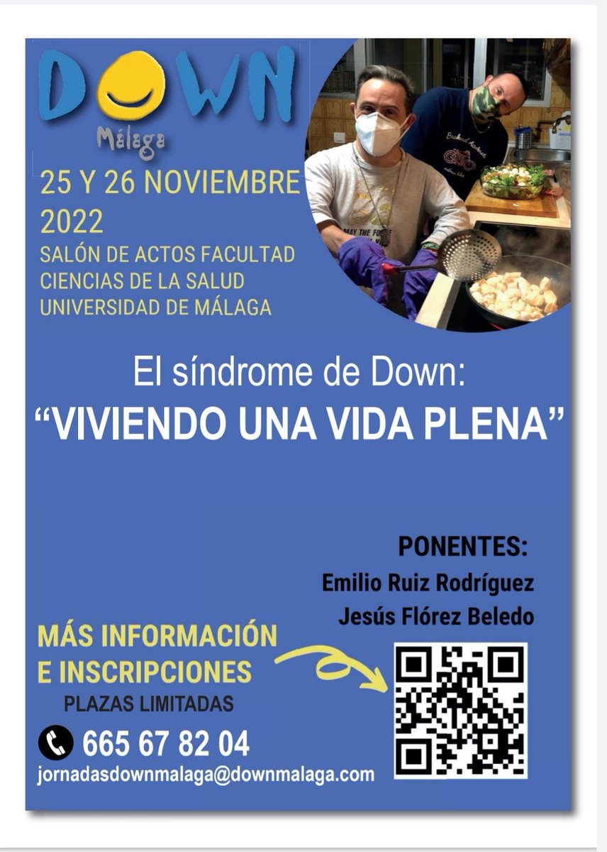 ➡️❤️Apúntate a las Jornadas de la Asociación @DownMakaga: 'El Síndrome de Down: viviendo una vida plena' <a href="/Down21/">Canal Down21</a> 
🗓️ Este viernes 25 (16:00-19:30) y sábado 26  (09:00-18:00) de noviembre. Salón de Actos de la Facultad de Ciencias de la Salud <a href="/InfoUMA/">Universidad de Málaga</a> 
ℹ️ downmalaga.com/wp-content/upl…