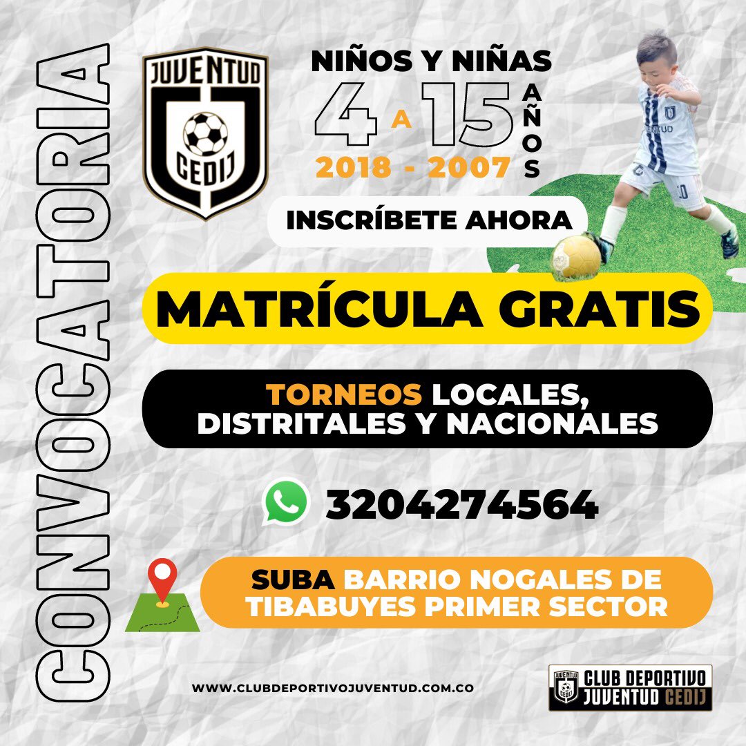 JuventudCEDIJ's tweet photo. #InscripcionesAbiertas.
Más información: 3204274564.
Mensaje vía Whatsapp: https://t.co/iJxQi9yAC4
 
#ClubDeportivoJuventudCedij #UniformesScota #escueladefutbolensuba #clubdeportivoensuba #academiadefutbolensuba #equipodefutbolensuba #Qatar2022 #CristianoRonaldo #Messi https://t.co/7aX82M4kHV
