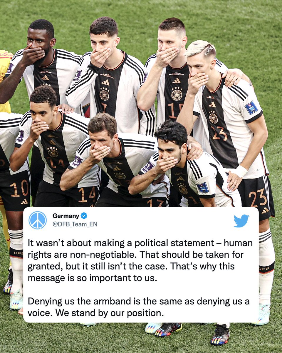 "Denying us the armband is the same as denying us a voice. We stand by our position."

Germany make a powerful statement after being denied the chance to wear the OneLove armband at the Qatar World Cup.