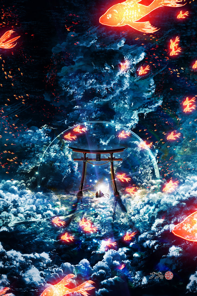 torii fish goldfish scenery cloud sky water  illustration images