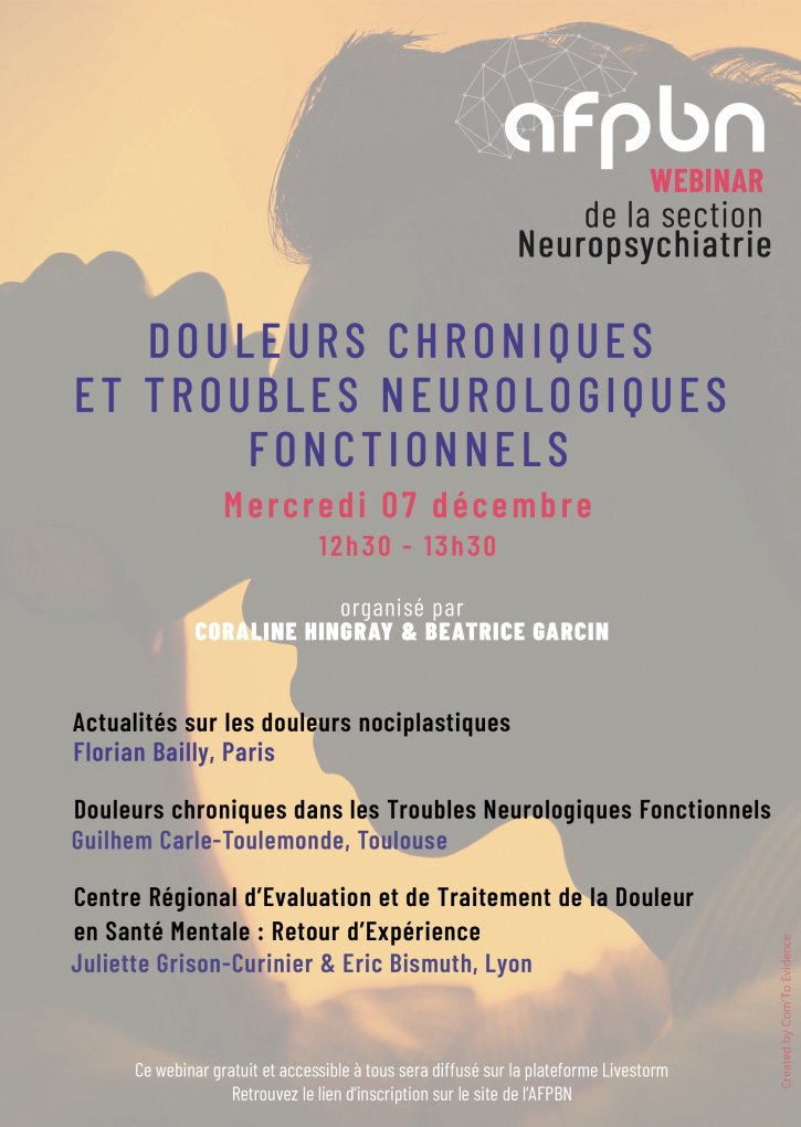 Prochain webinar de la section Neuropsychiatrie de <a href="/afpbn/">afpbn</a> ⏩ rdv le 07/12/22 à 12h30 pour parler douleurs chroniques et troubles neurologiques fonctionnels, avec Dr <a href="/baillyflo/">Algo Doc</a>, <a href="/guilhemcarle/">Guilhem Carle-Toulemonde</a> et l'équipe du centre du CETD en Santé Mentale de Lyon Dr Grison-Curinier &amp; Dr Bismuth!