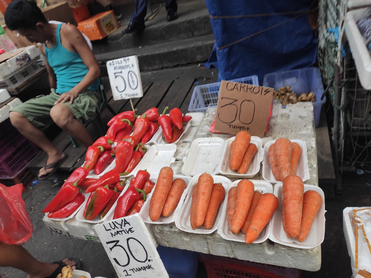 FhqJackie's tweet photo. Heto mga presyo ng bilihin sa Divisoria mga madlang people!
 Luya - 30pesos isang tumpok
Ampalaya -50pesos 
Letuce- 50pesos tumpok
Pepino-50 pesos tumpok
Carrots-30 pesos tumpok
Bell pepper -50pesos isang tumpok 
Namili ako kanina😅🥰✌️❤️ https://t.co/BtAhYFStXG