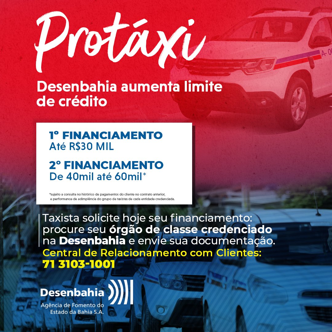 Desenbahia's tweet photo. 🚕 A Desenbahia estabeleceu aumento de limite das faixas de concessão de crédito para taxistas baianos de R$ 45 mil para até R$ 60 mil. A iniciativa atende demanda do setor e adequa aos atuais valores de veículos, o que permite apoiar cada vez mais a renovação da frota. https://t.co/OAzfJJMw9x