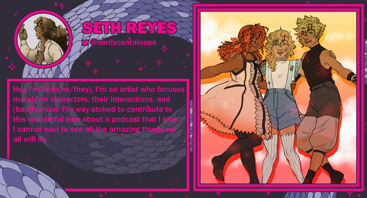 ･ﾟ:* Contributor Spotlight･ﾟ:* 

Introducing our next contributor, Seth!

He will be contributing as a page artist for the zine.
@nerdycantaloupe #damesanddragons #rolltofallinlovezine