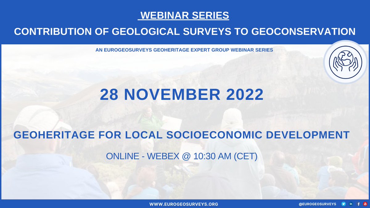 💻#EGS Geoheritage Expert Group's webinar series on the contribution of geological surveys to geoconservation.

🔍Geoheritage for local socioeconomic development
🗓️28 Nov
⏰10:30 AM
🔗Online
 #Session1 #Publicwebinar #EGSGhEG

More info &amp; meeting link👇 eurogeosurveys.org/event/ghegwebi…