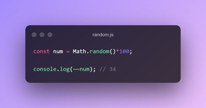 madzadev's tweet photo. JavaScript tip ✨

Use "~~" instead of Math.round() to eliminate decimals from your numbers 👇 https://t.co/Q2YQo9FOhY