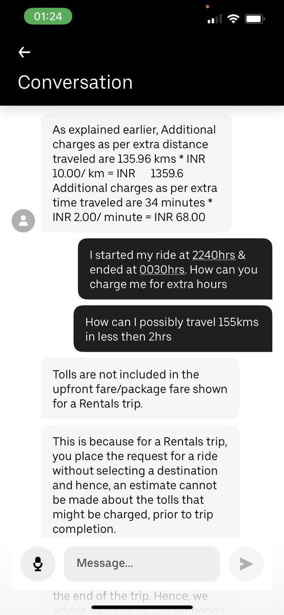 #ScamAlert #UberRentals #Hacked 
Recently scammed by #uberdriver upon booking 2hrs/20mins rental. Charged for xtra 135kms & UP toll tax when I only traveled 45kms in less then 2hrs within #Delhi. My route map is also incorrect. Indian name BOTs give copy paste response.