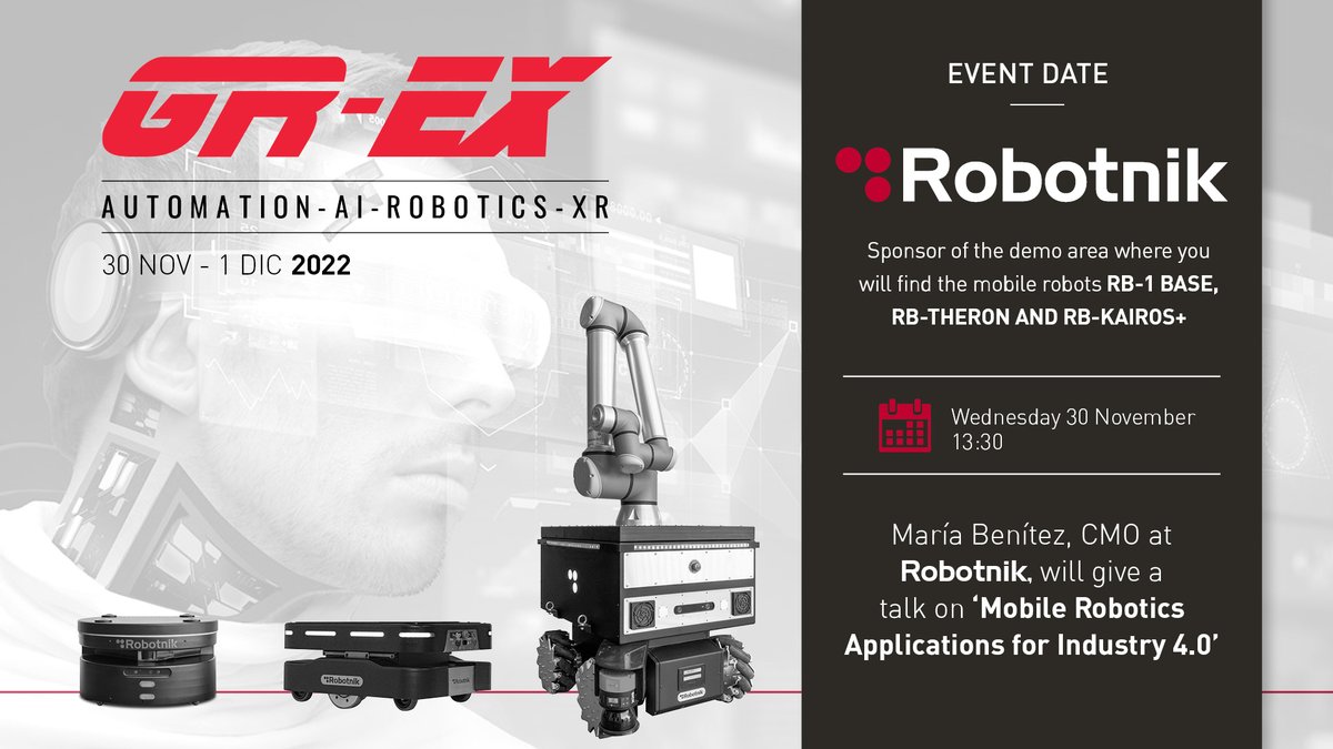 🗓️See you in @globalrobotexpo? 
 📍 <a href="/IFEMA/">IFEMA MADRID</a> 
🔗bit.ly/3ADS67K  

Come and meet the mobile robots and manipulators that are boosting the industry. 
#Industry40 #Robotnik #GREX2022 #IndustrialRobots #robotics