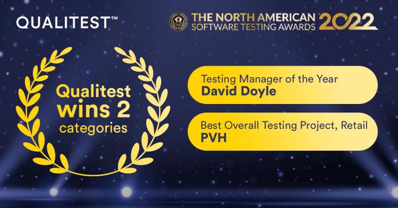 Qualitest's tweet photo. We #won - twice! 
So proud of winning Best Overall Testing Project – Retail with our client @PVHCorp. And big shout-out to Qualitest’s David Doyle, awarded Testing Manager of the Year! Read more https://t.co/N5r7RYdWp8 
#NorthAmericanSoftwareTestingAwards #SoftwareTestingAwards https://t.co/uhdpnpFRfQ