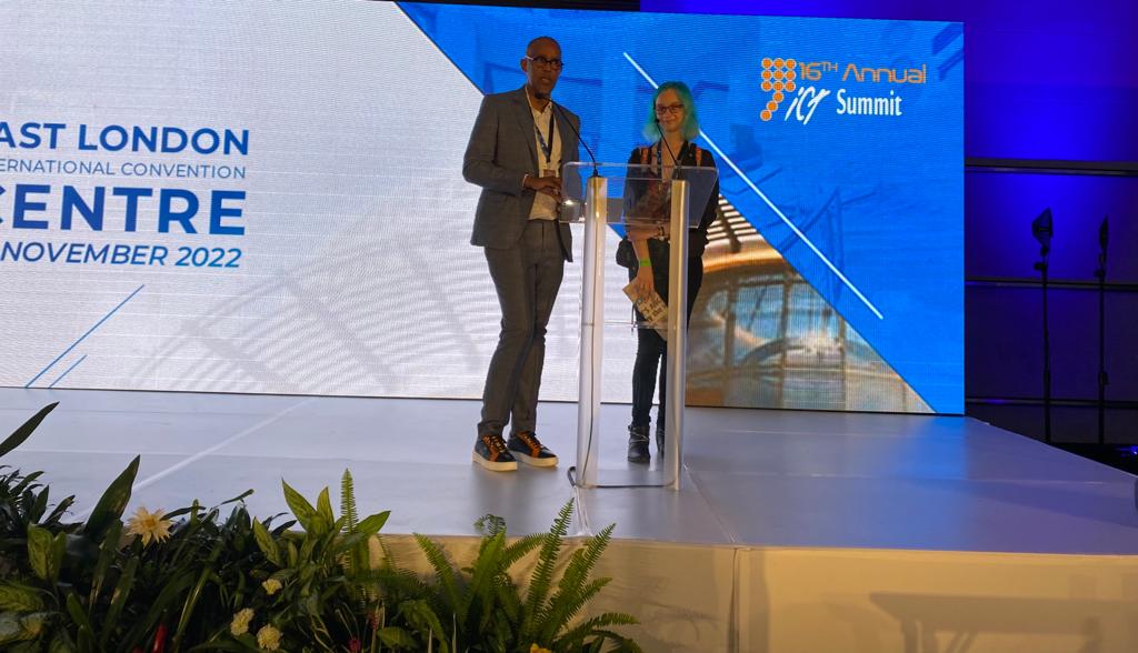 Dispatch_DD's tweet photo. Katya Sutherland on stage with @motsemfuleni . Katya has been a loyal delegate of the #ICTSummit for 5 years since she was in high school, going as far assisting with setting up. She is now joined by family each year.
#The16thAnnualICTSummit #NationalSummit https://t.co/KP16cu4hg6