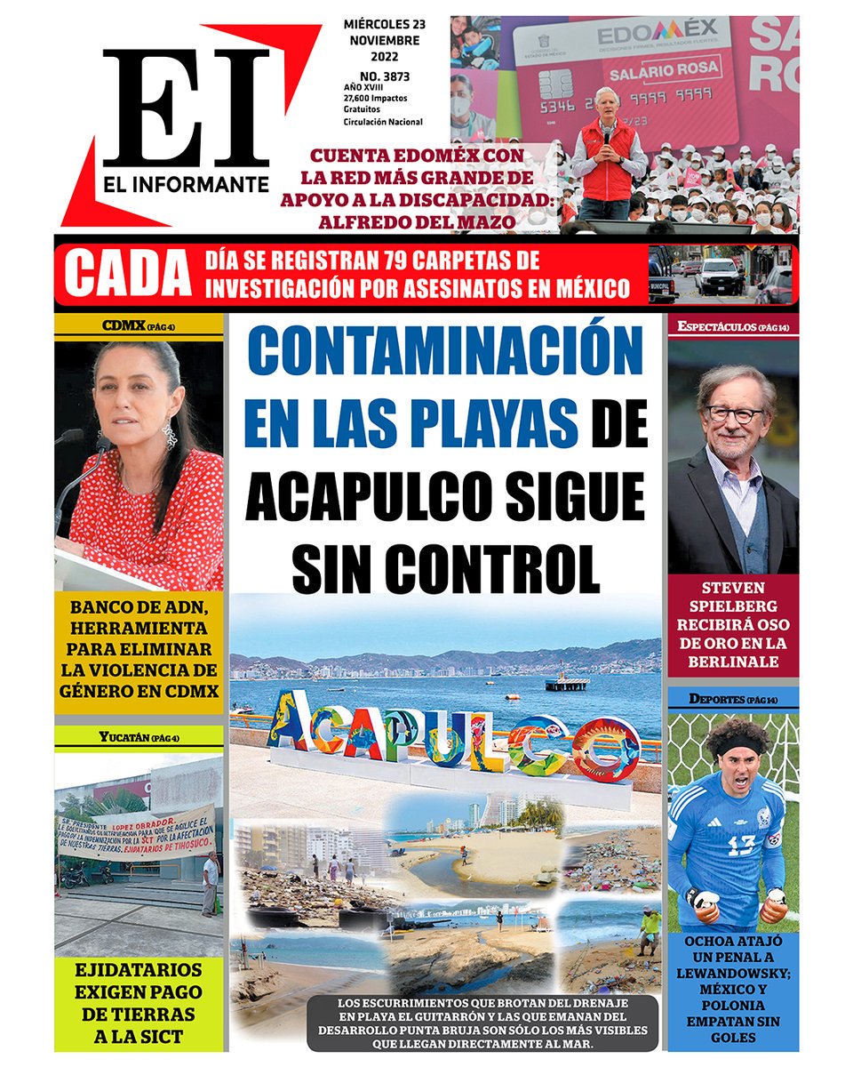 ElInformanteMX's tweet photo. #ElInformanteMéxico

#Portada| #CONTAMINACIÓN EN LAS #PLAYAS DE #ACAPULCO SIGUE #SINCONTROL

Los #escurrimientos de #drenaje en #playa #ElGuitarrón y #PuntaBruja son sólo los #MásVisibles que llegan directamente al #mar.
@AcapulcoGob @AbelinaLopezR https://t.co/W2v92T8ZwG https://t.co/YMfTPb6SVw
