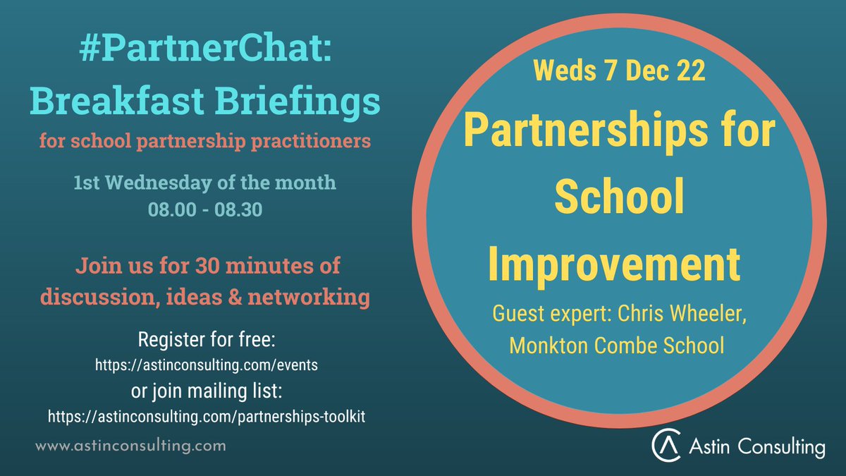 *NEW EVENT*
How can schools work in #partnership to improve outcomes?
Join the next #PartnerChat Breakfast Briefing Weds 7/12 to share ideas. Guest @MonktonHead on work with @ChallengePartnr 

Free, all welcome, 8-8.30 on Zoom.

Register: astinconsulting.com/events/partner…
<a href="/SchoolPartners4/">School Partnerships Alliance</a>