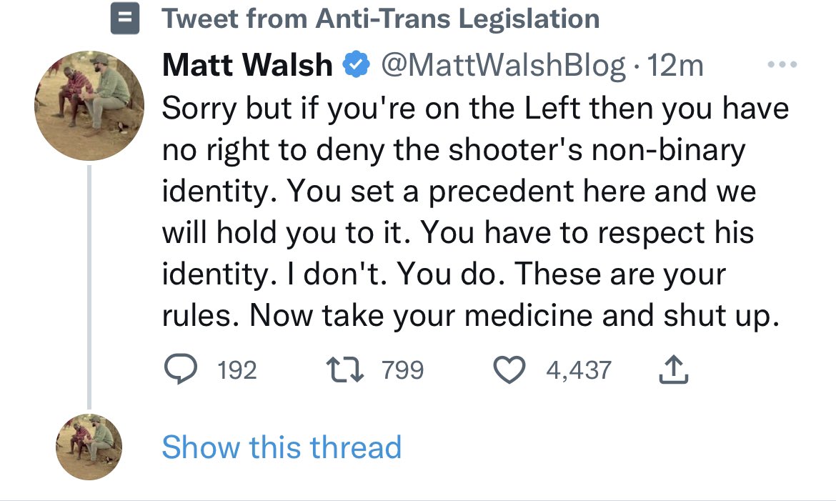 ErinInTheMorn's tweet photo. No, Matt Walsh. We don’t have to respect the shooters last minute parting troll shot.

We don’t have to respect it any more than we have to any of your ilk’s “I identify as an attack helicopter” mocking jokes.

This just proves that he was one of yours and what his motive was. https://t.co/dQvTScUqnA