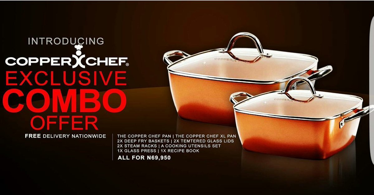 Why spend more when you can buy the Copperchef XL 11" pan and Copperchef 9.5" pan as a special  combo for N69,950.This package includes:
2 pans(11" and 9.5")
2 deep fry basket 
2 steamer/roaster 
2 temper glass lid
1 set of cooking utensils
1 recipe book
1 glass press
Order now!