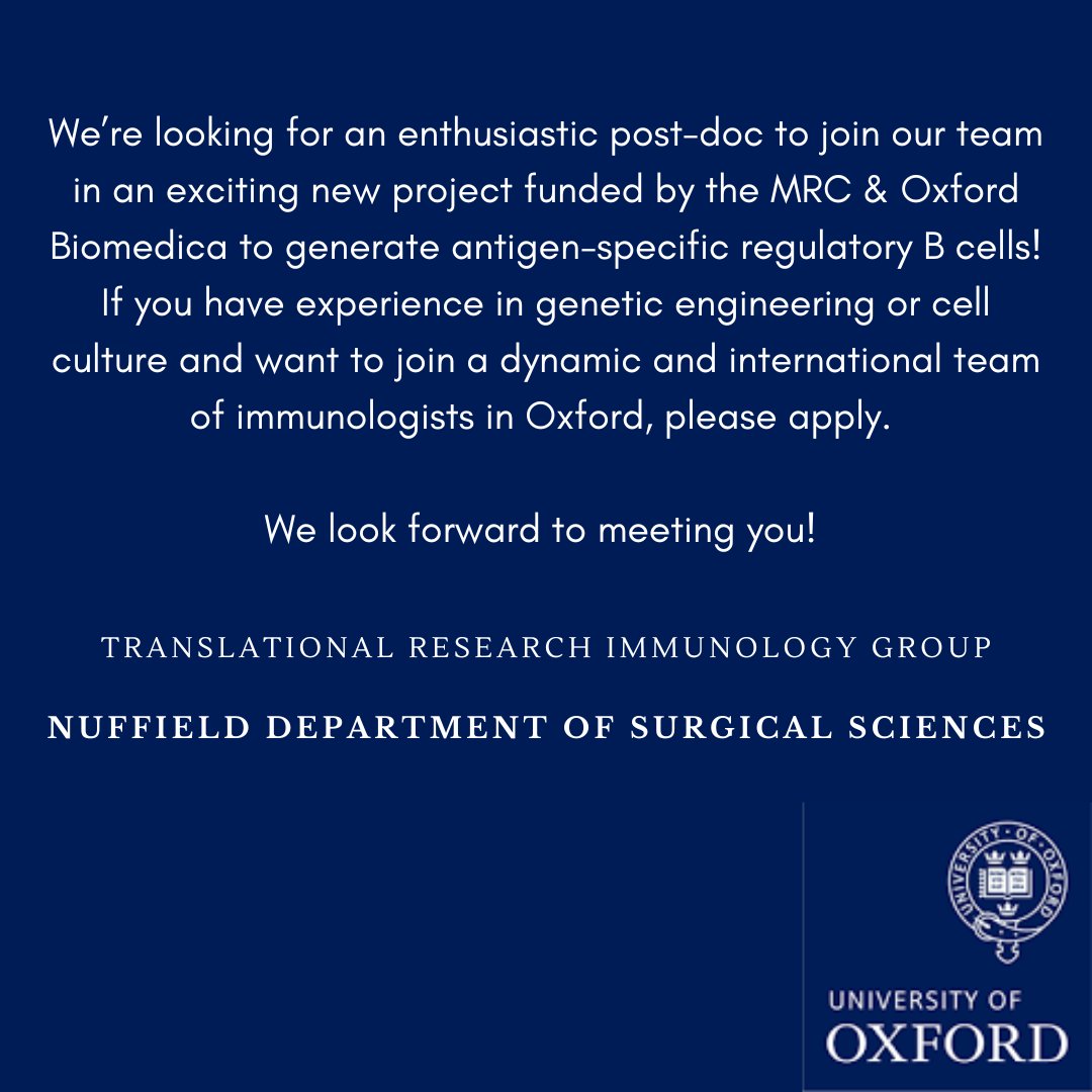 Sushma Shankar (@sush_shankar) on Twitter photo Experienced in genetic engineering and interested in cell therapies? Join our team in this exciting new project! <a href="/fgissa/">Fadi Issa</a> <a href="/trig_oxford/">Translational Research Immunology Group</a> <a href="/NDSurgicalSci/">Nuffield Department of Surgical Sciences</a> <a href="/OxTxResearch/">Oxford Transplant Research</a> <a href="/The_MRC/">Medical Research Council</a> <a href="/OxfordBiomedica/">OxfordBiomedica</a>
my.corehr.com/pls/uoxrecruit… Experienced in genetic engineering and interested in cell therapies? Join our team in this exciting new project! <a href="/fgissa/">Fadi Issa</a> <a href="/trig_oxford/">Translational Research Immunology Group</a> <a href="/NDSurgicalSci/">Nuffield Department of Surgical Sciences</a> <a href="/OxTxResearch/">Oxford Transplant Research</a> <a href="/The_MRC/">Medical Research Council</a> <a href="/OxfordBiomedica/">OxfordBiomedica</a>
my.corehr.com/pls/uoxrecruit…