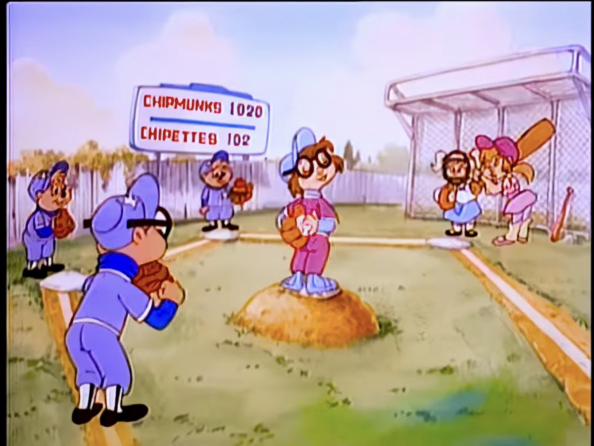 TCoolmunk's tweet photo. I feel like we don’t talk about this one part in the 80s chipmunks intro enough. Why is Jeanette pitching for the chipmunks, you need at least 10 players to play baseball, Simon is not even standing on third base. How did they score 1020?! https://t.co/96suYeXBmo