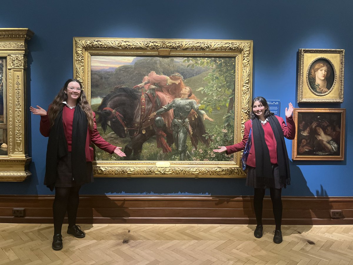 Year 11 students @RedmaidsHigh, Hattie and Ella, were so inspired by the poem they studied, 'La Belle Dame Sans Merci', that they found her! Here they are with their discovery at the Bristol Museum - a Frank Dicksee painting depicting the femme fatal and knight in Keats' poem.
