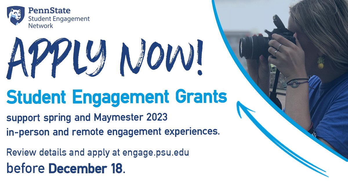 PSU_Undergrad's tweet photo. #PennState undergrads can apply for a grant to support an engaged learning experience this spring or Maymester through the @EngagePennState grant program.

Review details and apply by December 18 at https://t.co/IsIwT4Dn6u! #EngagePennState https://t.co/FD537AD52Q