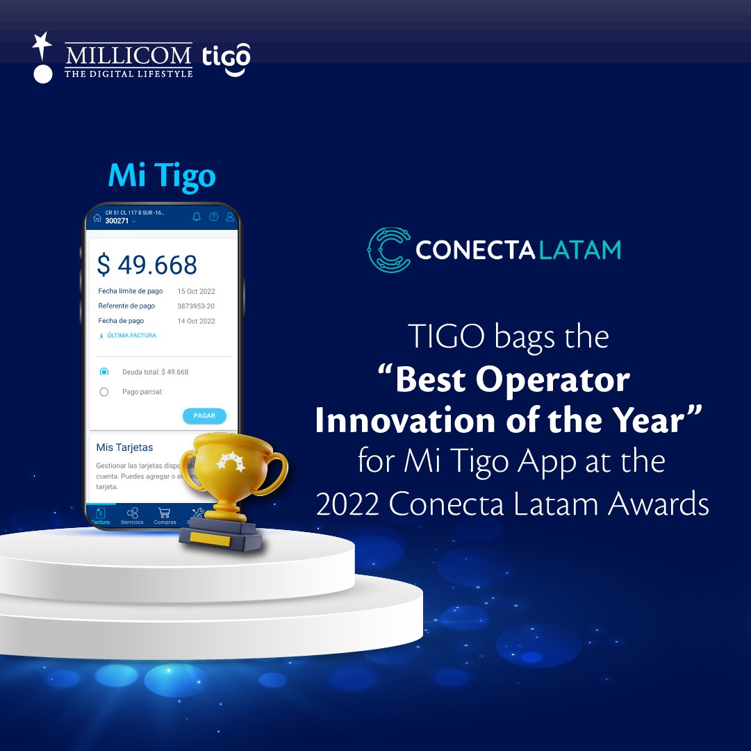 Millicom's tweet photo. #ConectaLatam2022 | We are proud to have the telecom app with the best rating in Latin America and to have been recognized as the "Best Operator Innovation of the Year" thanks to the #MiTigo app. https://t.co/jlYVwoGYdF