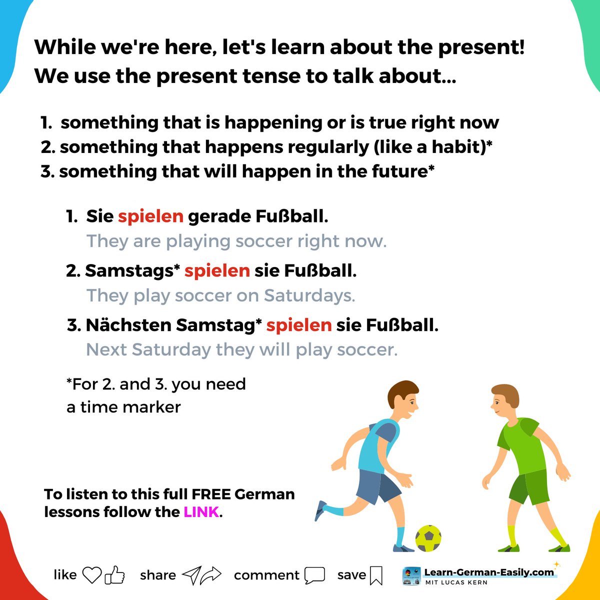 LearnXDGerman's tweet photo. 🇩🇪
⚽⚽⚽ Learn some German grammar today!
Today I want to go over the verb 'spielen', and I want to teach you how to conjugate regular verbs.
Swipe the pictures to learn more!
Full German lessons:
https://t.co/fGv4WjwTxW
___
#germanblog #dailydeutsch #germangrammar https://t.co/iIpCMD6prg