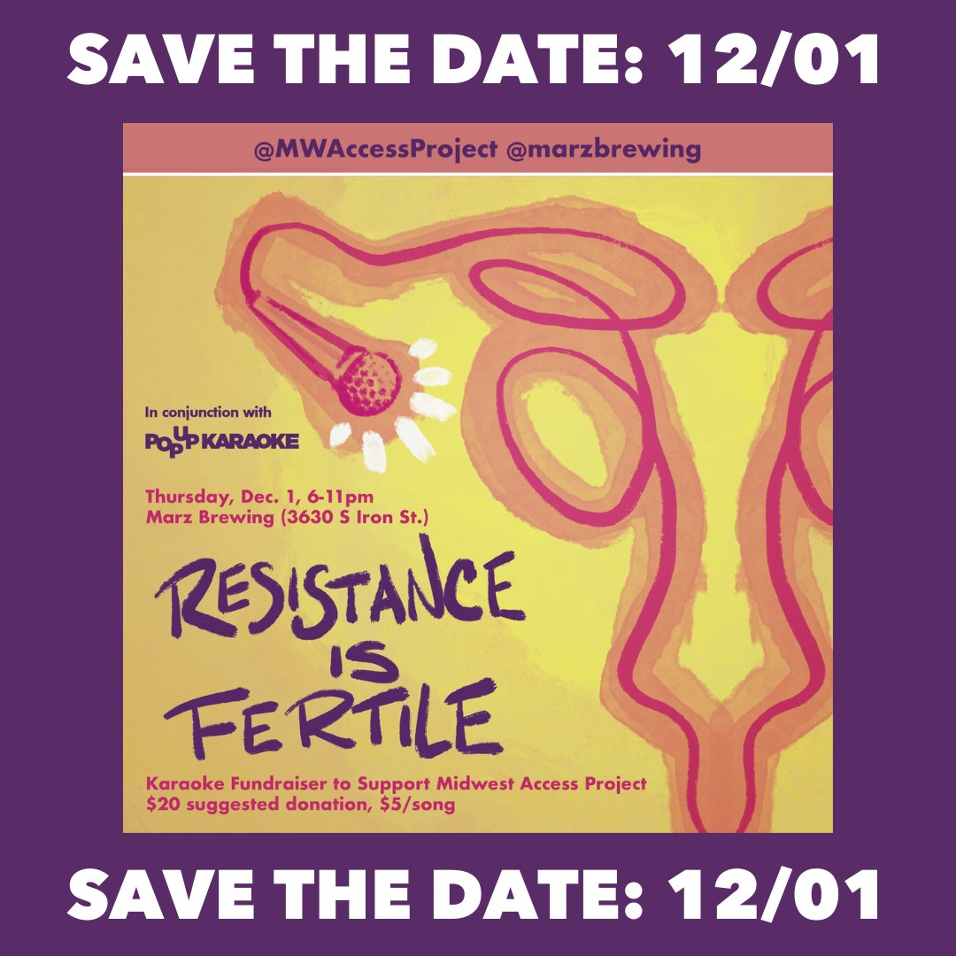 PopUpKaraoke's tweet photo. SAVE THE DATE! A very special night of karaoke to benefit the Midwest Access Project! Join us at @marzbrewing Thursday, Dec 1st from 6pm-11 for great local beer and to help secure access to patient-centered reproductive health care for everyone. Watch this space for details! https://t.co/kfXnGh6Ebw