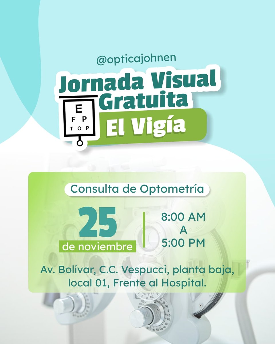 OpticaJohnen's tweet photo. 👉🏻Si vives en El Vigía el próximo viernes 25 de noviembre podrás realizarte el examen visual gratis con nuestro optometrista. 

📆¿Quieres agendar tu cita? Envíanos tus datos al DM.

#jornadavisual #jornadasvisuales #consultadeoptometria #elvigia https://t.co/RwPqu9Y5HZ