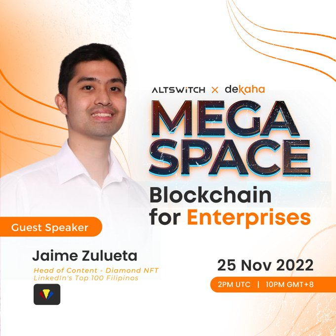 altswitchglobal's tweet photo. Next up for the #AltSwitchMegaSpaces, Jaime Zulueta @JaimeZ888 🚀 

Jam as he prefers; is Head of Content at Diamond NFT Supercommunity @DiamondNFT and one of Top 💯 Filipinos on LinkedIn. He will talk about helping the underbanked gain access to finance

 https://t.co/LMT3jbWPbI https://t.co/KvcBSEFm27
